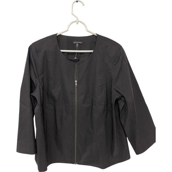 Eileen Fisher Womens Blazer Jacket Size L Black Stretch Full Zip silk lined NWT